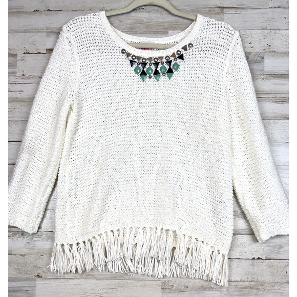 Ruby Rd. Jewels Stones White Sz. Small Open Weave Pullover Boho Sweater Fringe - Picture 1 of 8